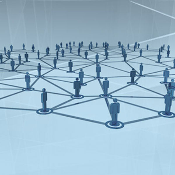 Figures of people connected by lines in a network.