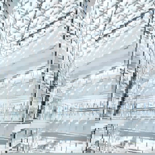  Business hall interior with glass wall