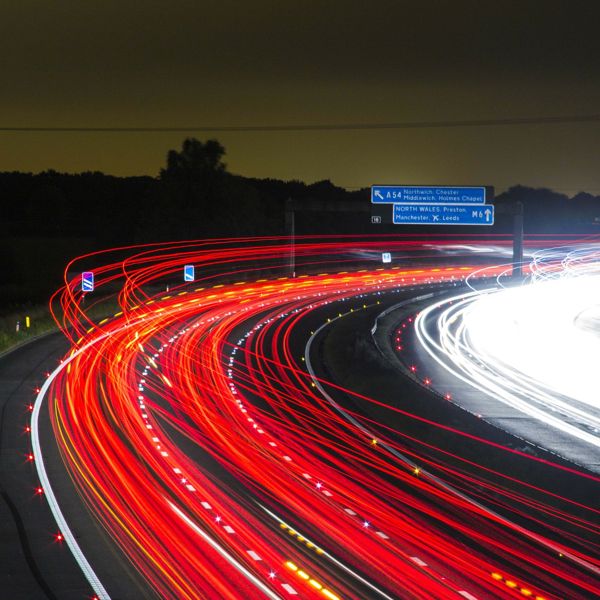 Car light trails at night.