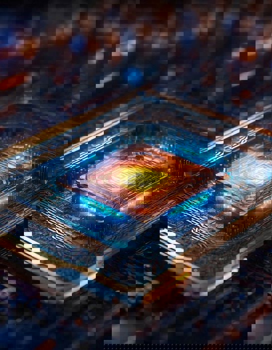 Photonic integrated chip in blue and orange colour scheme.