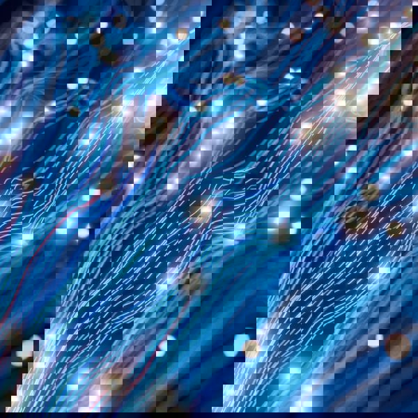 Abstract AI-themed image with glowing data lines and neural network-inspired light patterns.