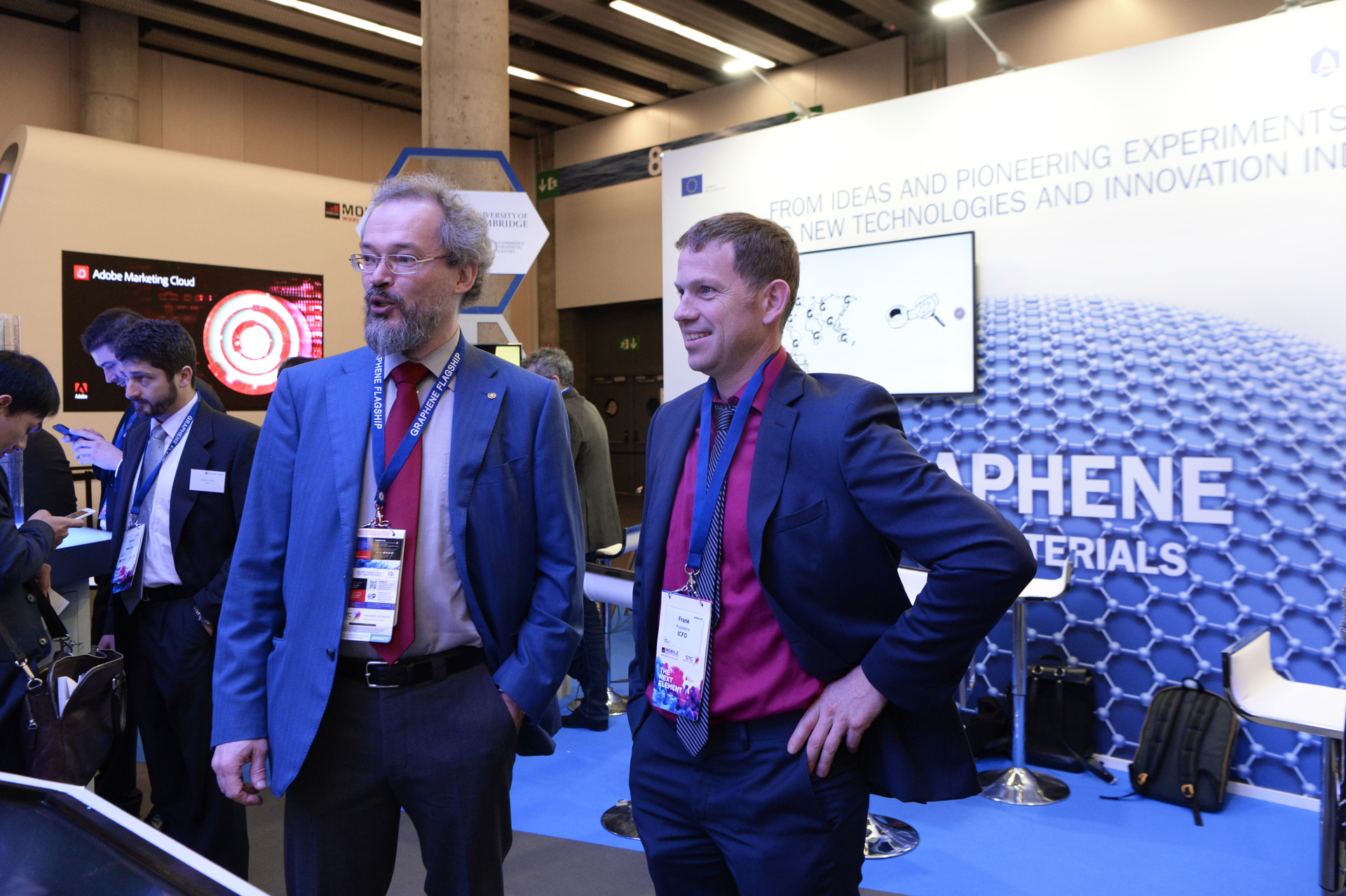Graphene Flagship Director Jari Kinaret and Graphene Experience Zone curator Frank Koppens in the Graphene Experience Zone at Mobile World Congress 2017